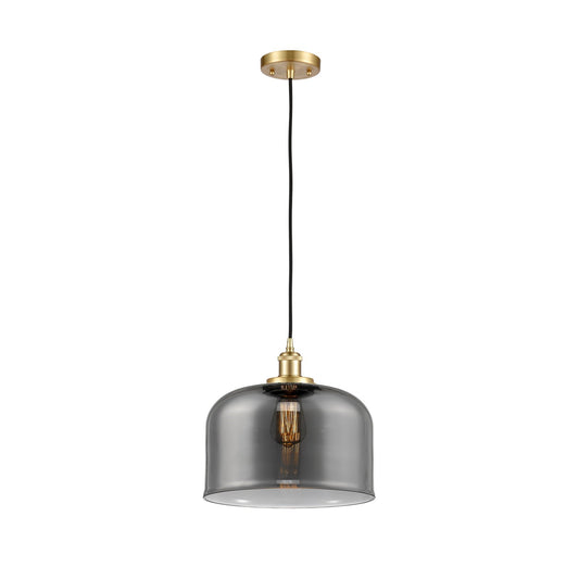 Innovations Bell 12in 1-Light Mini Pendant | Industrial Satin Gold Steel and Light Smoke Glass | Kitchen Island & Dining Room | Model 916-1P-SG-G73-L