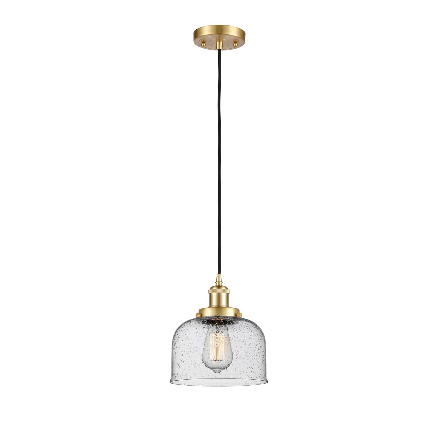 Innovations Bell 8in 1-Light Mini Pendant | Industrial Satin Gold Steel and Seedy Glass | Kitchen Island & Dining Room | Model 916-1P-SG-G74
