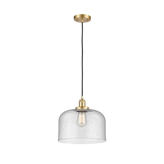Innovations Bell 12in 1-Light Mini Pendant | Industrial Satin Gold Steel and Seedy Glass | Kitchen Island & Dining Room | Model 916-1P-SG-G74-L