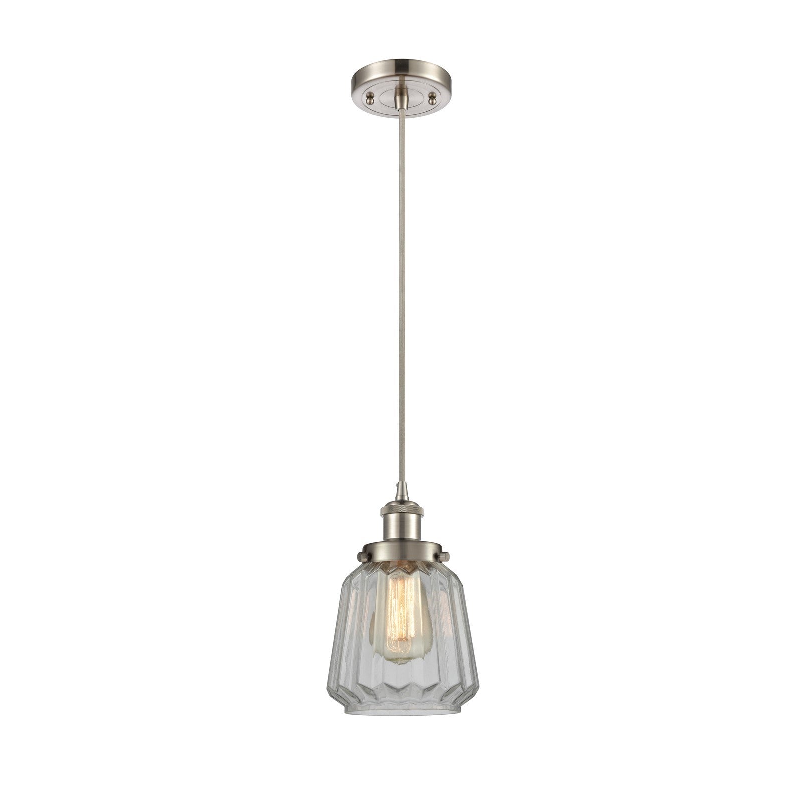 Innovations Chatham 7in 1-Light Mini Pendant | Modern Transitional Brushed Satin Nickel Steel and Clear Ribbed Glass Shade | Model 916-1P-SN-G142