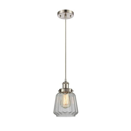 Innovations Chatham 7in 1-Light Mini Pendant | Modern Transitional Brushed Satin Nickel Steel and Clear Ribbed Glass Shade | Model 916-1P-SN-G142