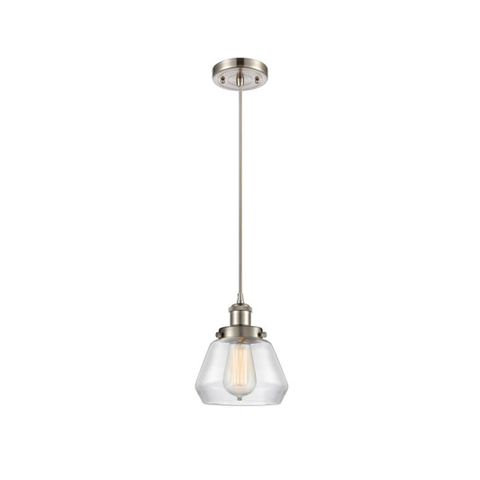 Innovations Fulton 7in 1-Light Mini Pendant | Modern Brushed Satin Nickel Steel and Clear Glass | Kitchen Island & Dining Room | Model 916-1P-SN-G172