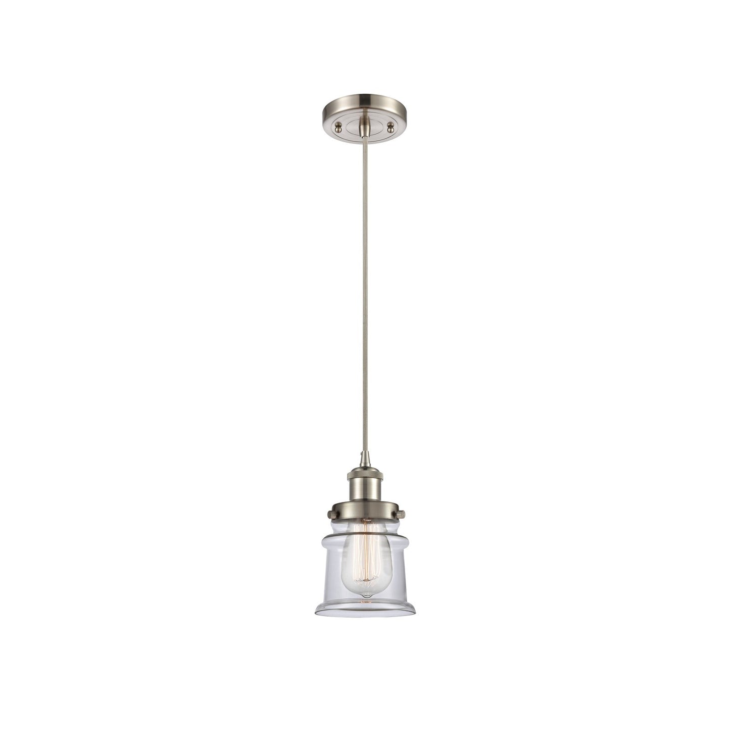 Innovations Canton 5.25in 1-Light Mini Pendant | Modern Brushed Satin Nickel Steel and Clear Glass Schoolhouse Shade | Kitchen | Model 916-1P-SN-G182S