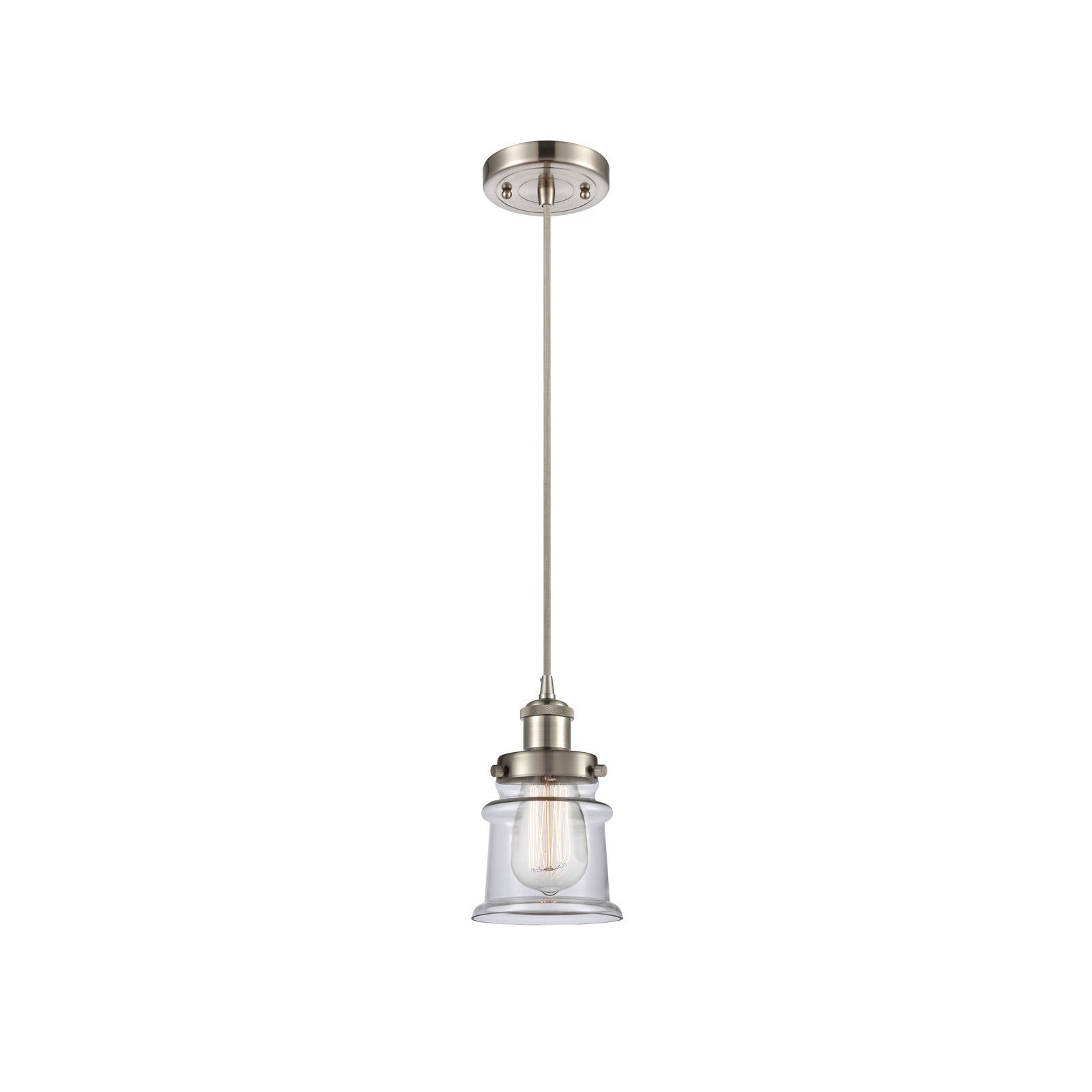Innovations Canton 5.25in 1-Light Mini Pendant | Modern Brushed Satin Nickel Steel and Clear Glass Schoolhouse Shade | Kitchen | Model 916-1P-SN-G182S