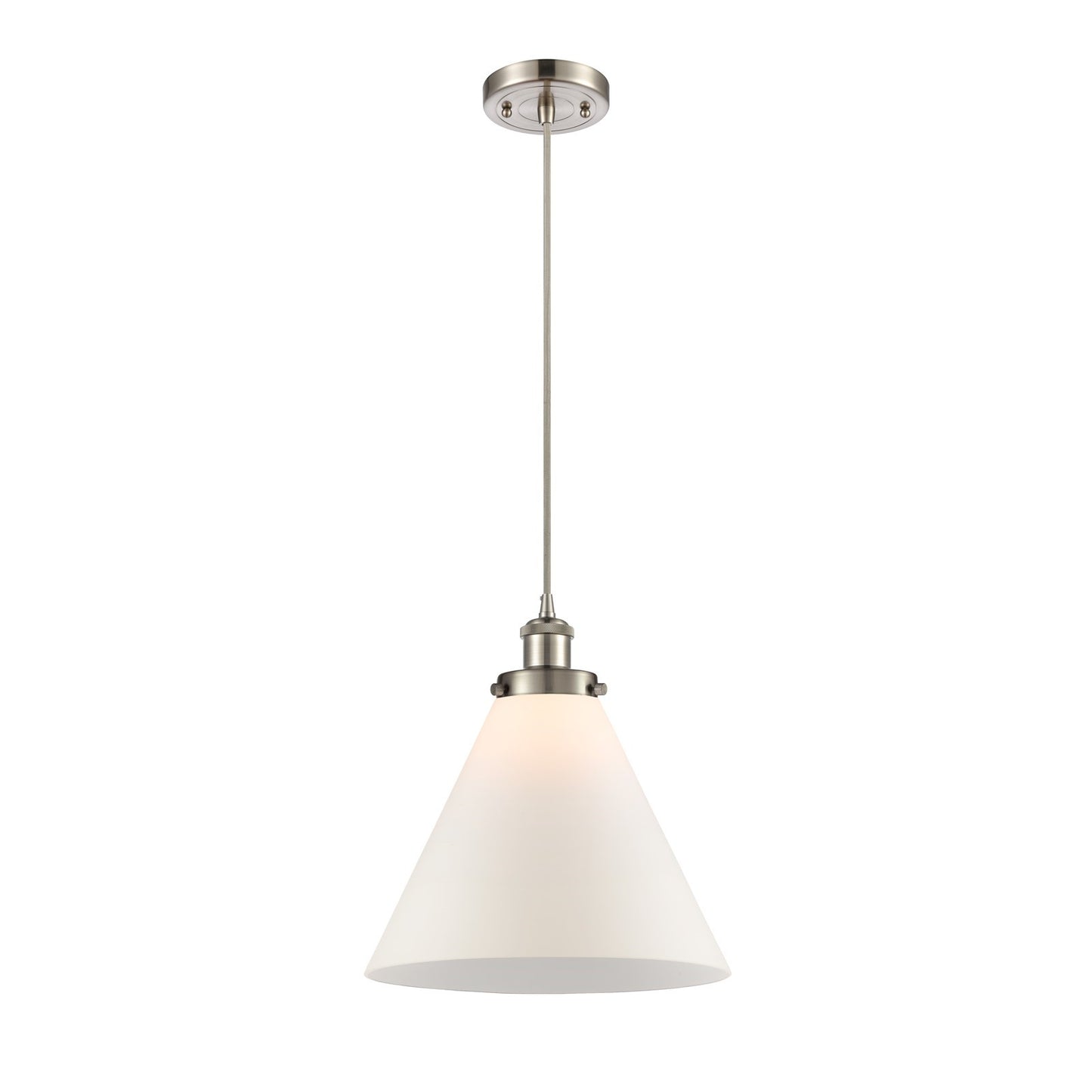Innovations Cone 12in 1-Light Mini Pendant | Industrial Brushed Satin Nickel Steel and Matte White Frosted Glass | Kitchen Island | Model 916-1P-SN-G41-L