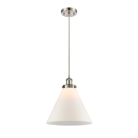 Innovations Cone 12in 1-Light Mini Pendant | Industrial Brushed Satin Nickel Steel and Matte White Frosted Glass | Kitchen Island | Model 916-1P-SN-G41-L