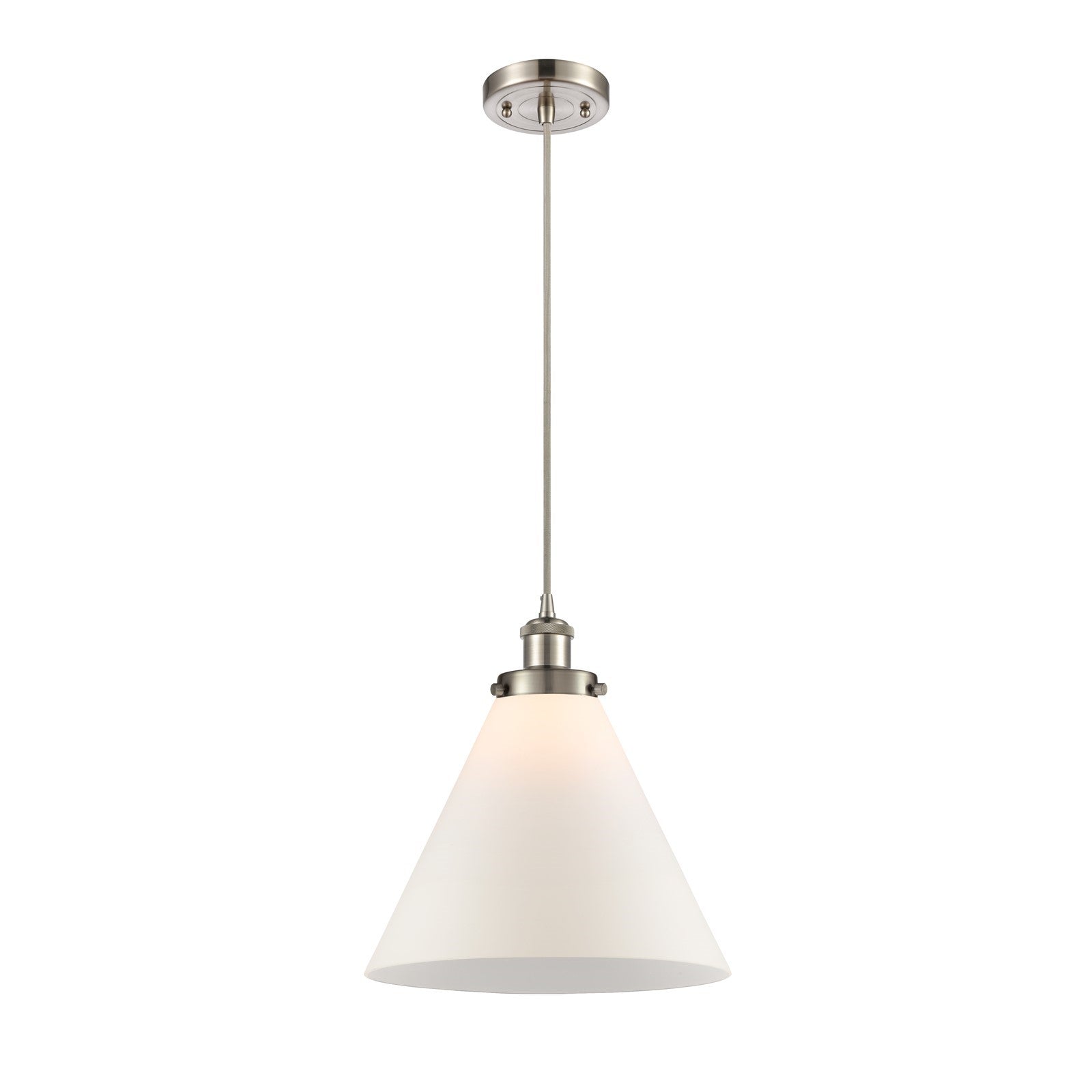 Innovations Cone 12in 1-Light Mini Pendant | Industrial Brushed Satin Nickel Steel and Matte White Frosted Glass | Kitchen | Model 916-1P-SN-G41-L-LED