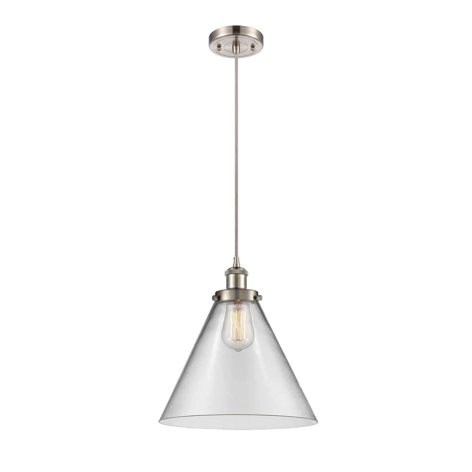Innovations Cone 12in 1-Light Mini Pendant | Industrial Brushed Satin Nickel Steel and Clear Transparent Glass | Kitchen | Model 916-1P-SN-G42-L-LED