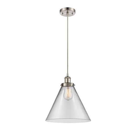 Innovations Cone 12in 1-Light Mini Pendant | Industrial Brushed Satin Nickel Steel and Clear Transparent Glass | Kitchen | Model 916-1P-SN-G42-L-LED