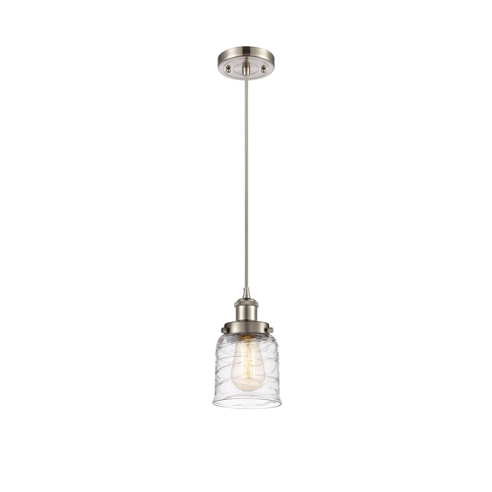 Innovations Bell 5in 1-Light Mini Pendant | Industrial Brushed Satin Nickel and Clear Deco Swirl Glass | Kitchen Island & | Model 916-1P-SN-G513-LED