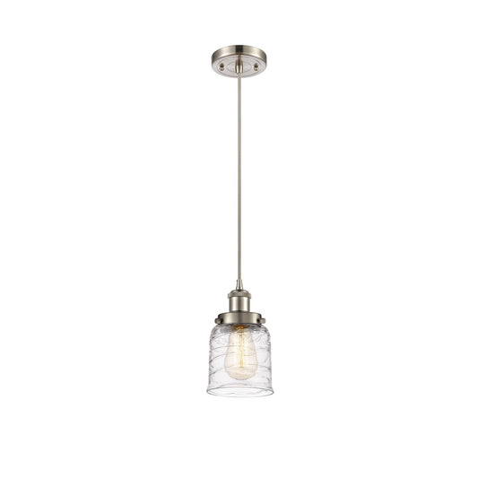 Innovations Bell 5in 1-Light Mini Pendant | Industrial Brushed Satin Nickel and Clear Deco Swirl Glass | Kitchen Island & | Model 916-1P-SN-G513-LED