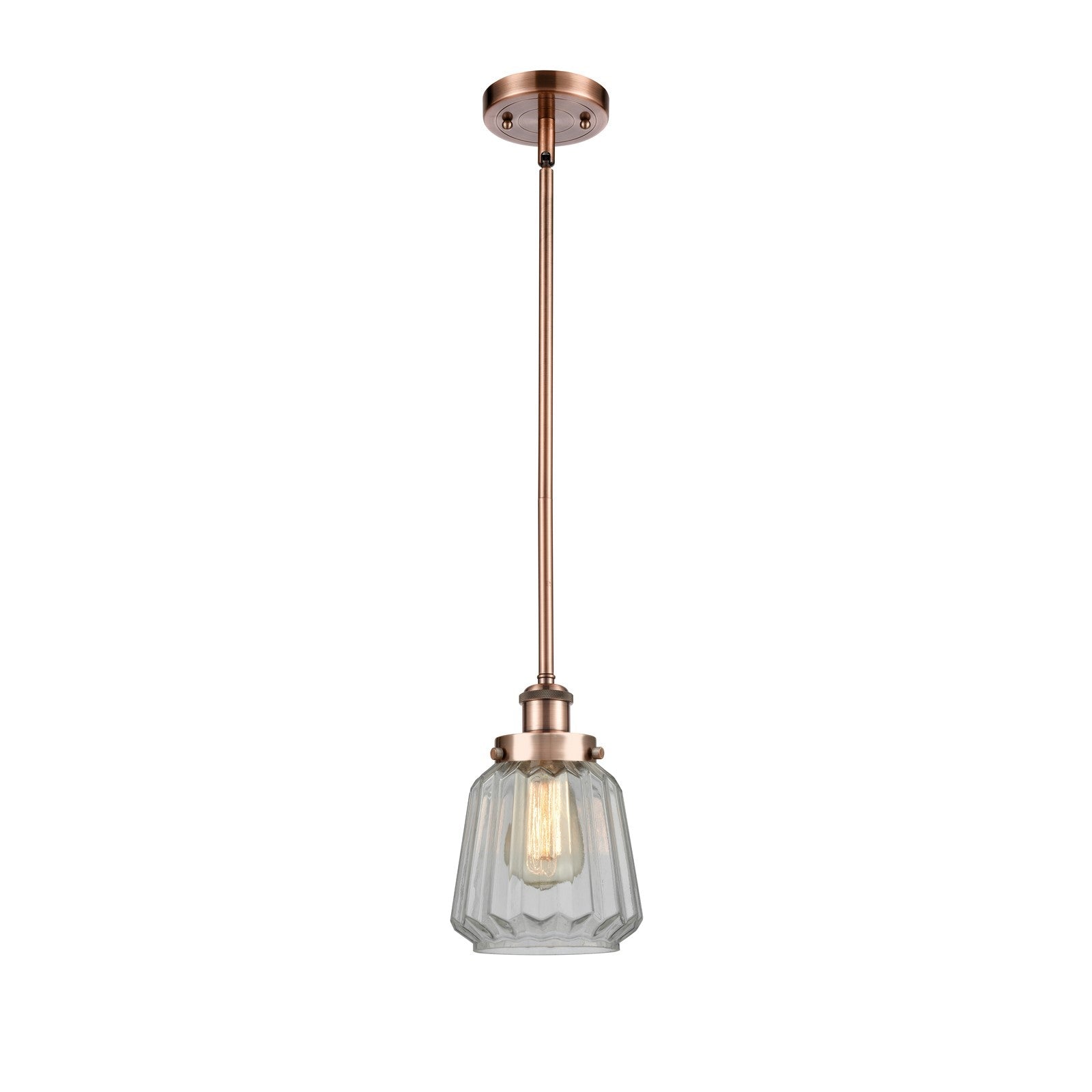 Innovations Chatham 7in 1-Light Mini Pendant | Transitional Antique Copper Steel and Clear Ribbed Glass | Kitchen Island & Dining | Model 916-1S-AC-G142