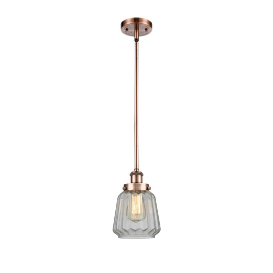 Innovations Chatham 7in 1-Light Mini Pendant | Transitional Antique Copper Steel and Clear Ribbed Glass | Kitchen Island & Dining | Model 916-1S-AC-G142