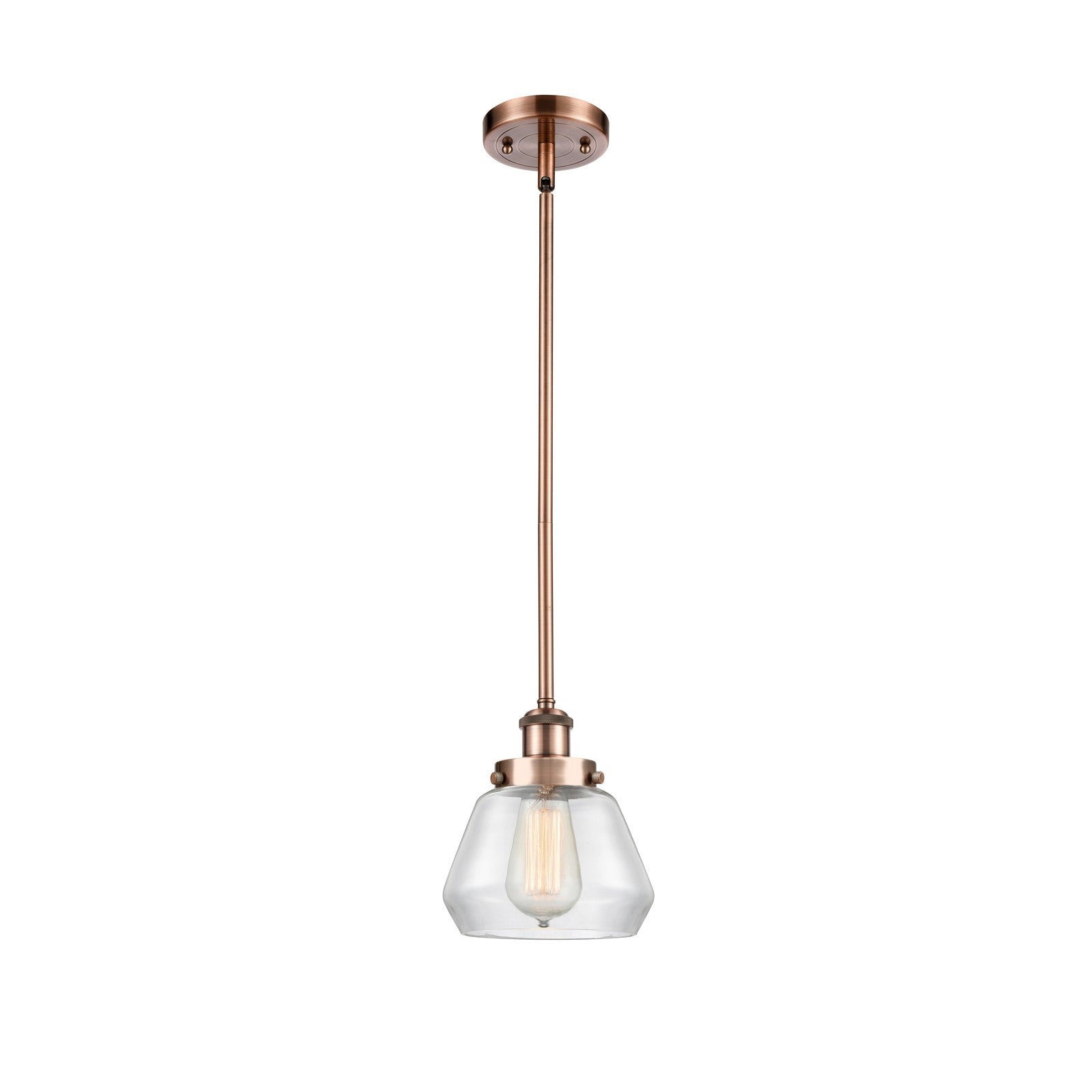 Innovations Fulton 7in 1-Light Mini Pendant | Modern Contempo Antique Copper Steel and Clear Schoolhouse Glass | Kitchen Island & | Model 916-1S-AC-G172