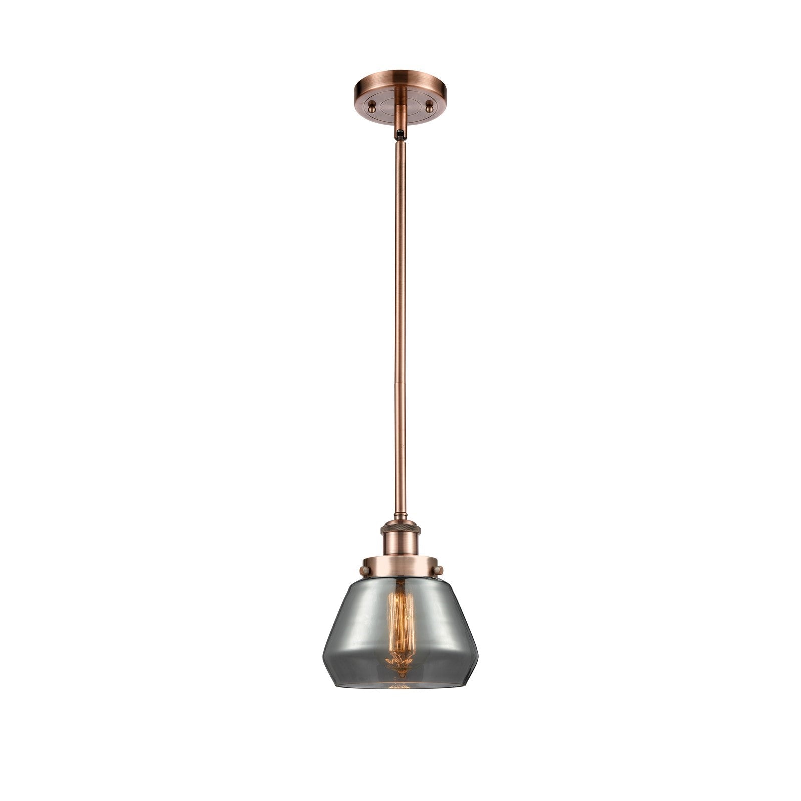 Innovations Fulton 7in 1-Light Mini Pendant | Modern Contempo Antique Copper Steel and Light Smoke Schoolhouse Glass | Kitchen | Model 916-1S-AC-G173