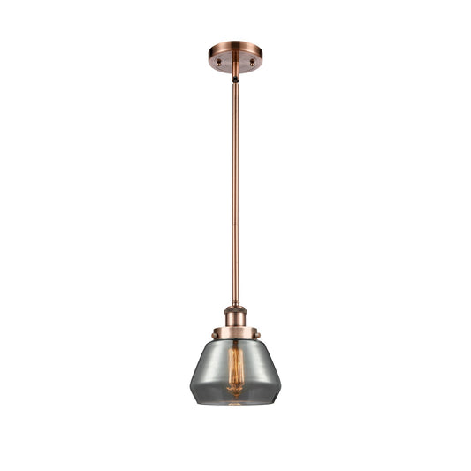 Innovations Fulton 7in 1-Light Mini Pendant | Modern Contempo Antique Copper Steel and Light Smoke Schoolhouse Glass | Kitchen | Model 916-1S-AC-G173