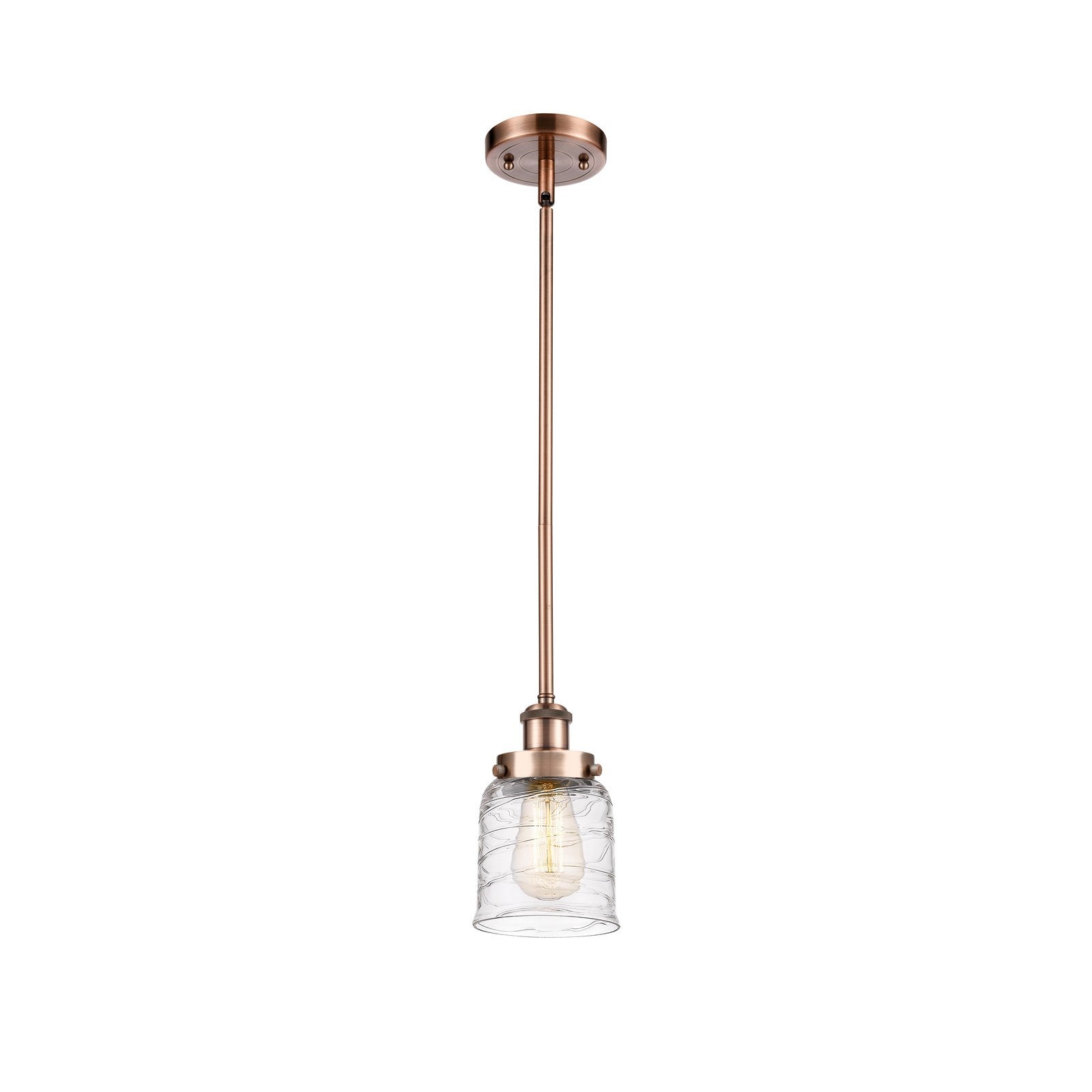 Innovations Bell 5in 1-Light Mini Pendant | Industrial Antique Copper Steel and Clear Deco Swirl Glass | Kitchen Island & | Model 916-1S-AC-G513-LED