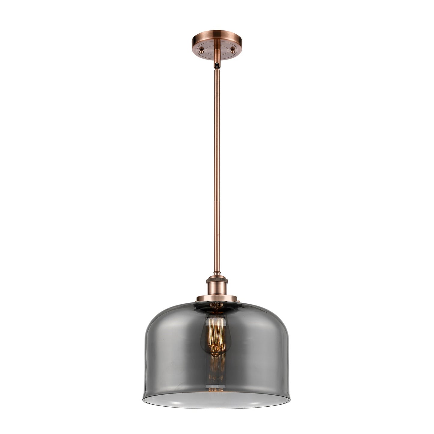 Innovations Bell 12in 1-Light LED Mini Pendant | Industrial Antique Copper Steel and Light Smoke Glass | Kitchen Island & | Model 916-1S-AC-G73-L-LED