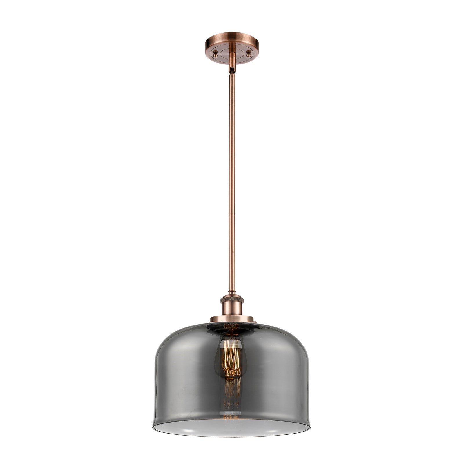 Innovations Bell 12in 1-Light LED Mini Pendant | Industrial Antique Copper Steel and Light Smoke Glass | Kitchen Island & | Model 916-1S-AC-G73-L-LED
