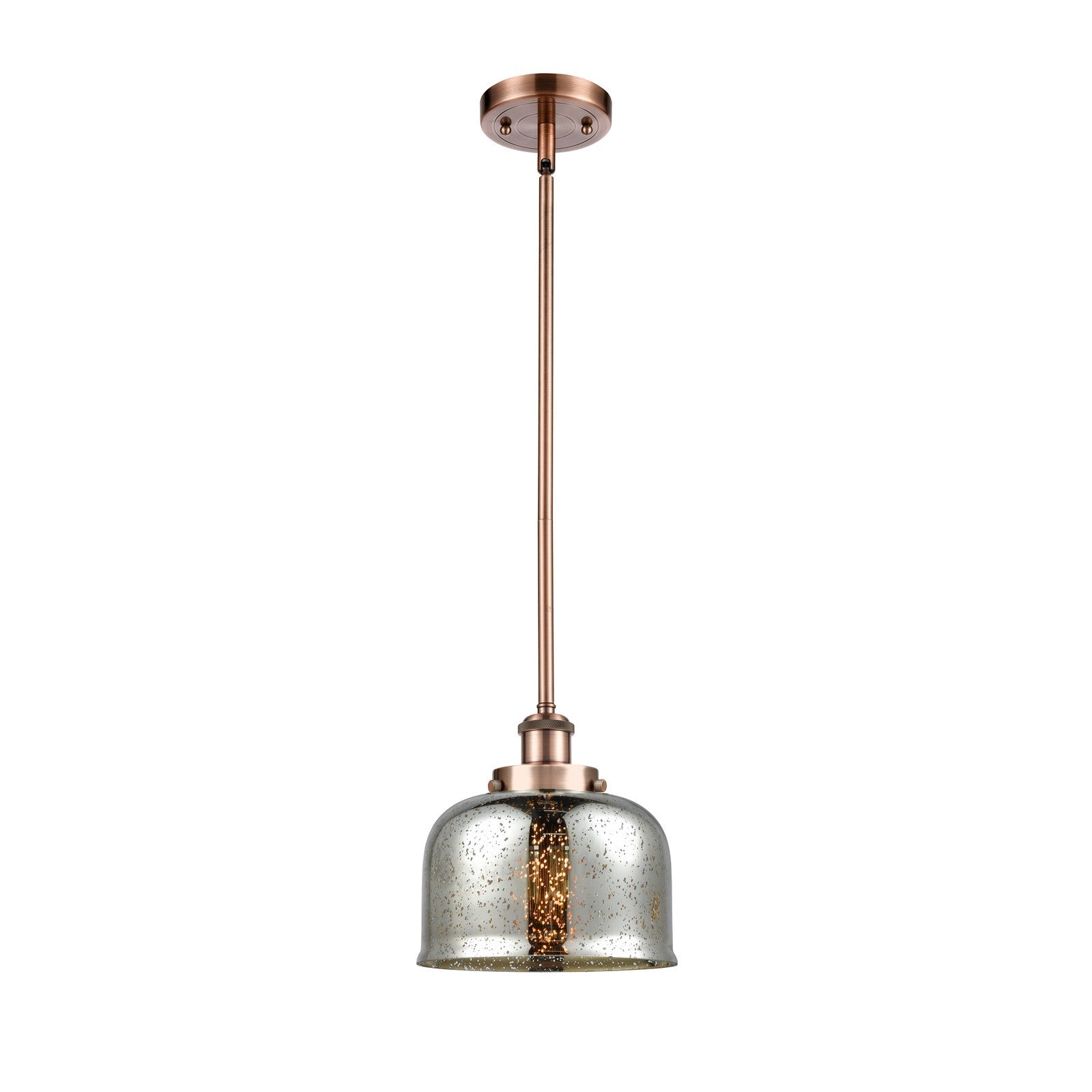 Innovations Bell 8in 1-Light LED Mini Pendant | Industrial Antique Copper Steel and Silver Plated Mercury Glass | Kitchen Island | Model 916-1S-AC-G78-LED