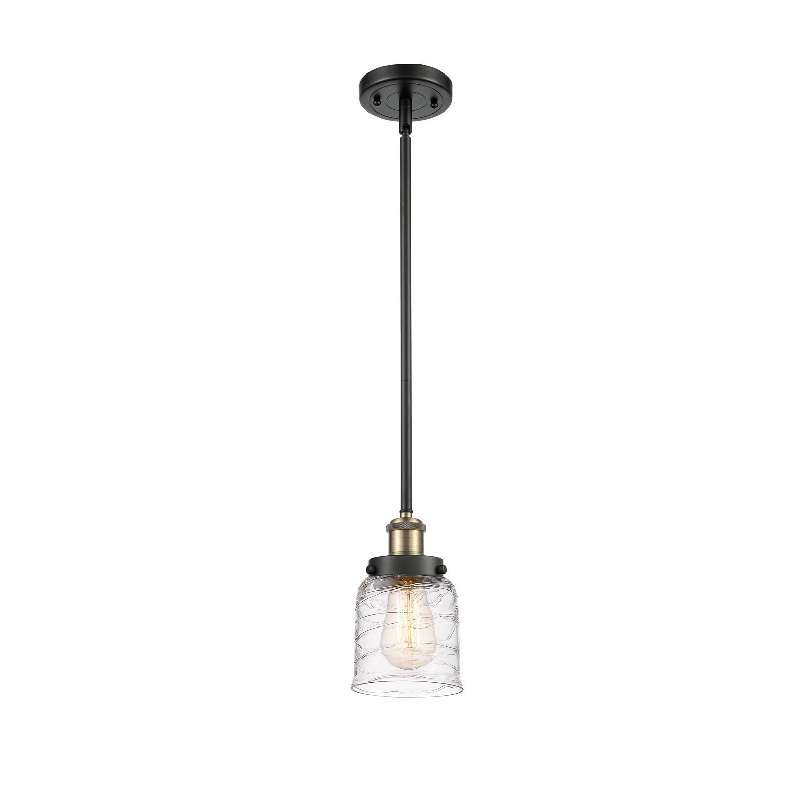 Innovations Bell 5in 1-Light Mini Pendant | Industrial Black Antique Brass Steel and Clear Deco Swirl Glass | Kitchen Island & | Model 916-1S-BAB-G513-LED