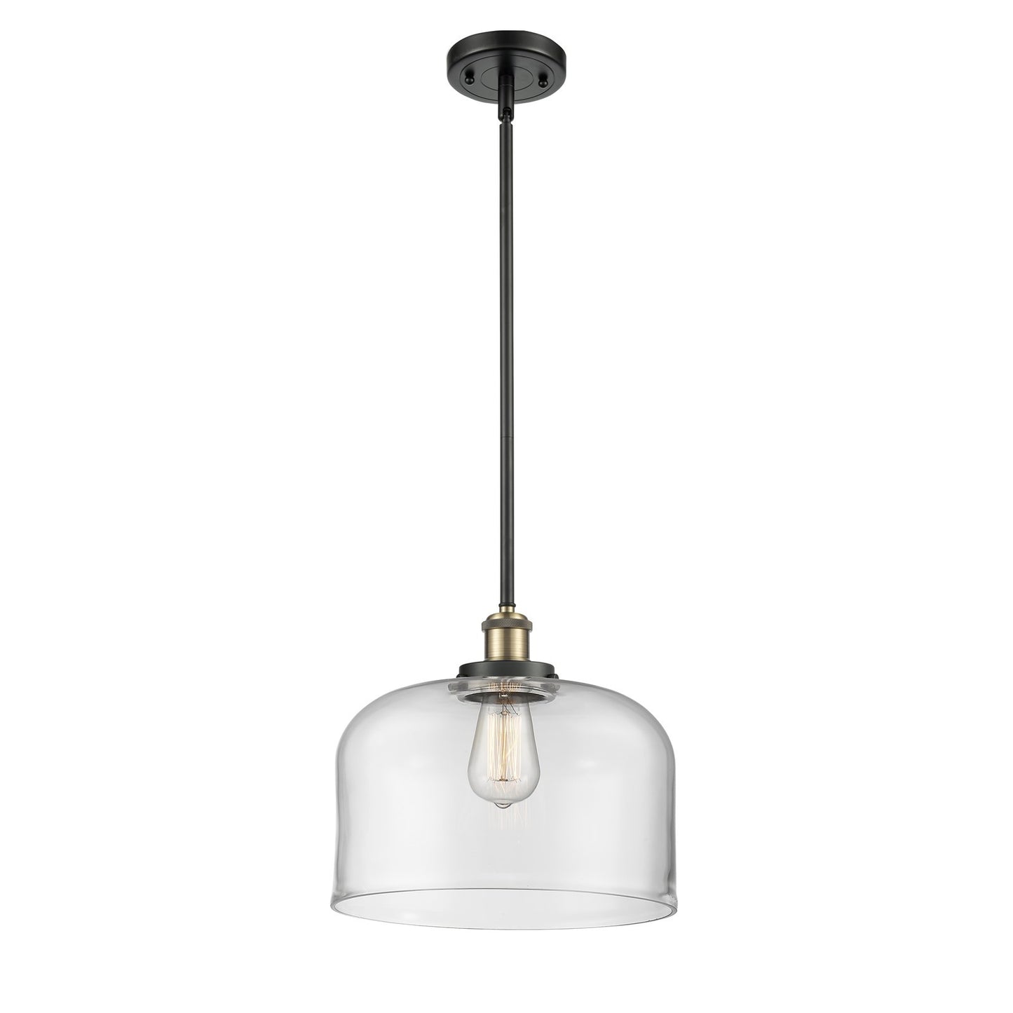 Innovations Bell 12in 1-Light Mini Pendant | Industrial Black Antique Brass Steel and Clear Glass | Kitchen Island & Dining | Model 916-1S-BAB-G72-L-LED