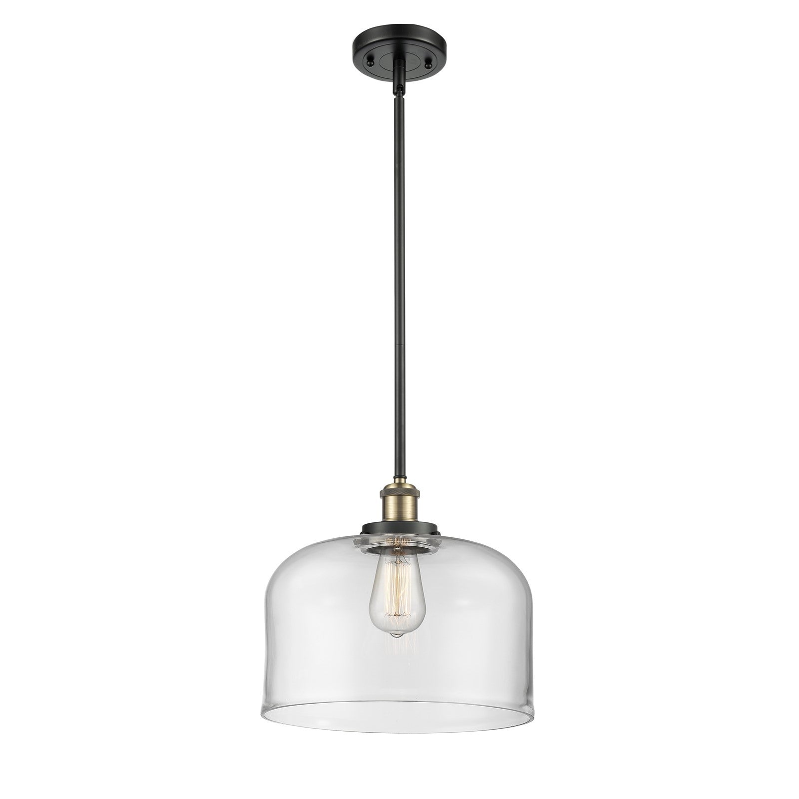 Innovations Bell 12in 1-Light Mini Pendant | Industrial Black Antique Brass Steel and Clear Glass | Kitchen Island & Dining | Model 916-1S-BAB-G72-L-LED