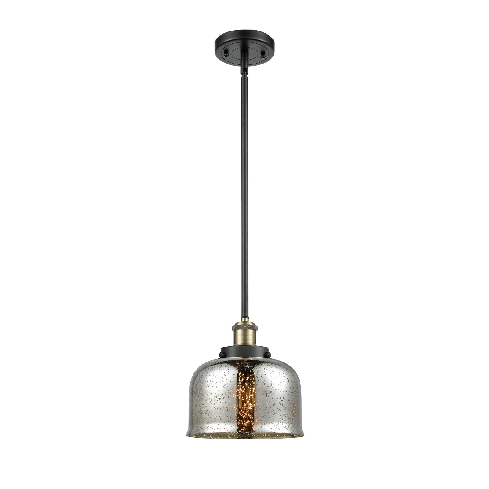Innovations Bell 8in 1-Light Mini Pendant | Industrial Black Antique Brass Steel and Silver Plated Mercury Glass | Kitchen | Model 916-1S-BAB-G78-LED