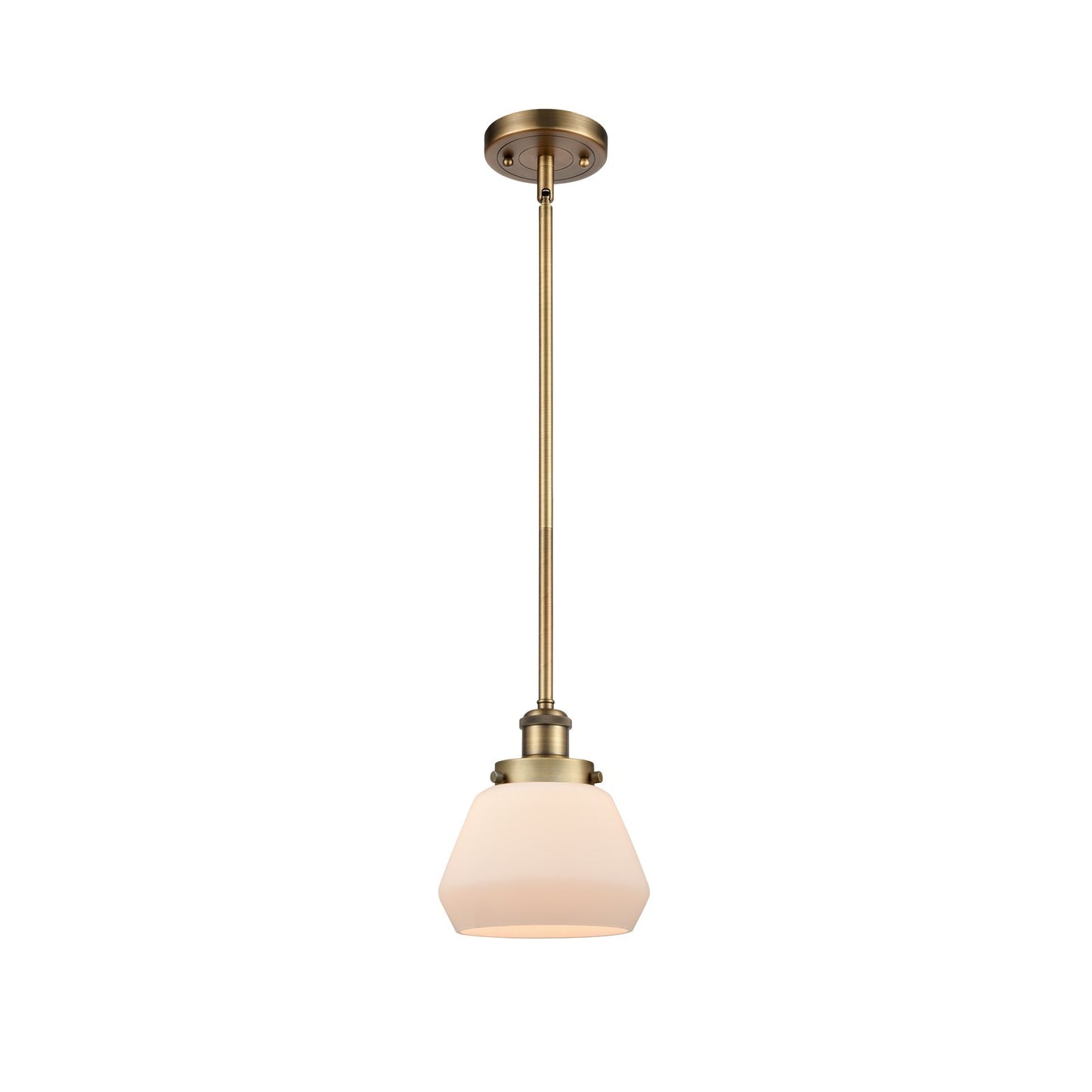 Innovations Fulton 7in 1-Light Mini Pendant | Modern Brushed Brass and Matte White Frosted Glass | Kitchen Island & Dining Room | Model 916-1S-BB-G171