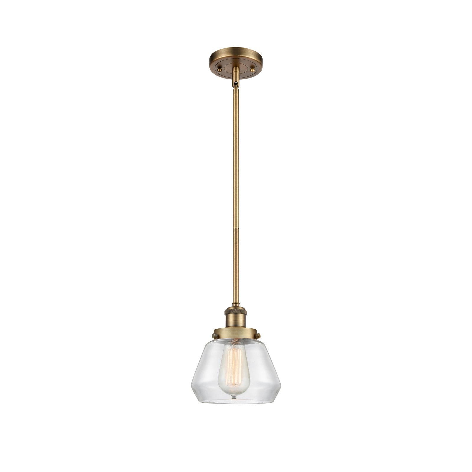 Innovations Fulton 7in 1-Light Mini Pendant | Modern Transitional Brushed Brass and Clear Glass | Kitchen Island & Dining Room | Model 916-1S-BB-G172