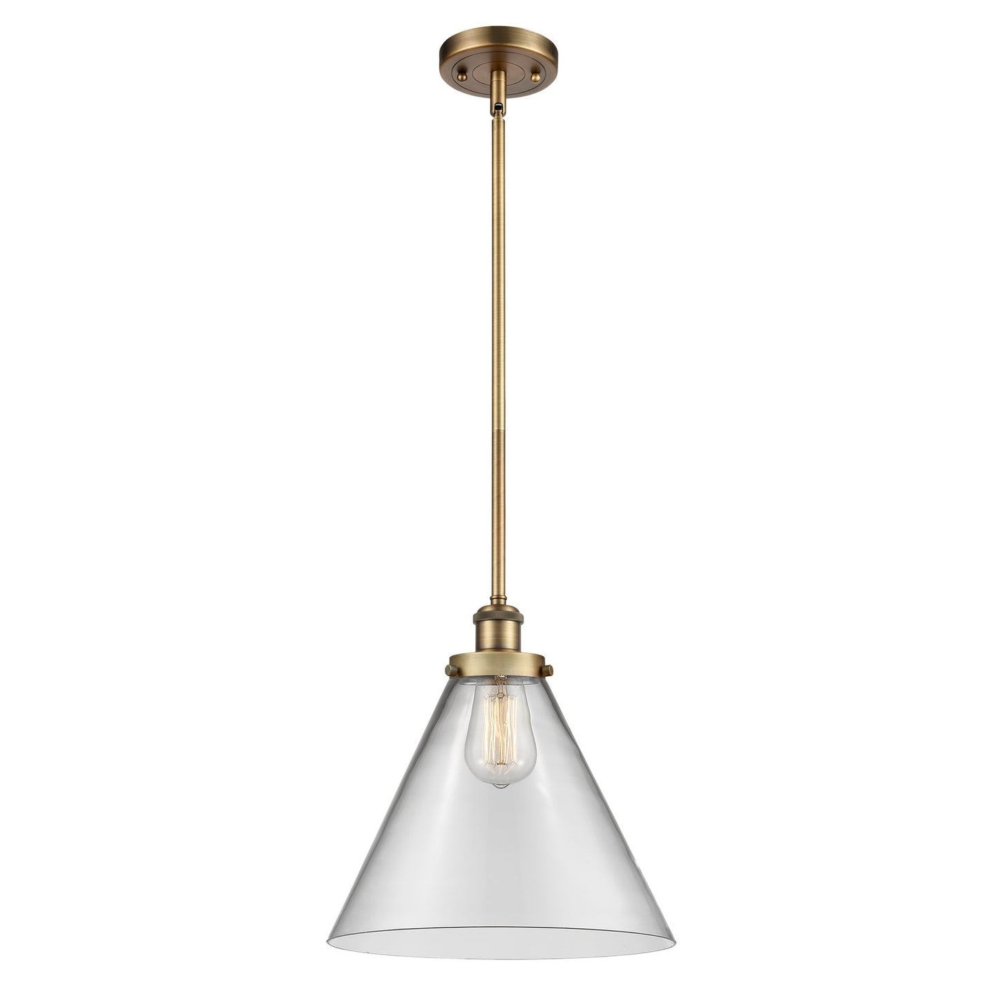 Innovations Cone 12in 1-Light LED Mini Pendant | Industrial Brushed Brass and Clear Glass | Kitchen Island & Dining Room | Model 916-1S-BB-G42-L-LED