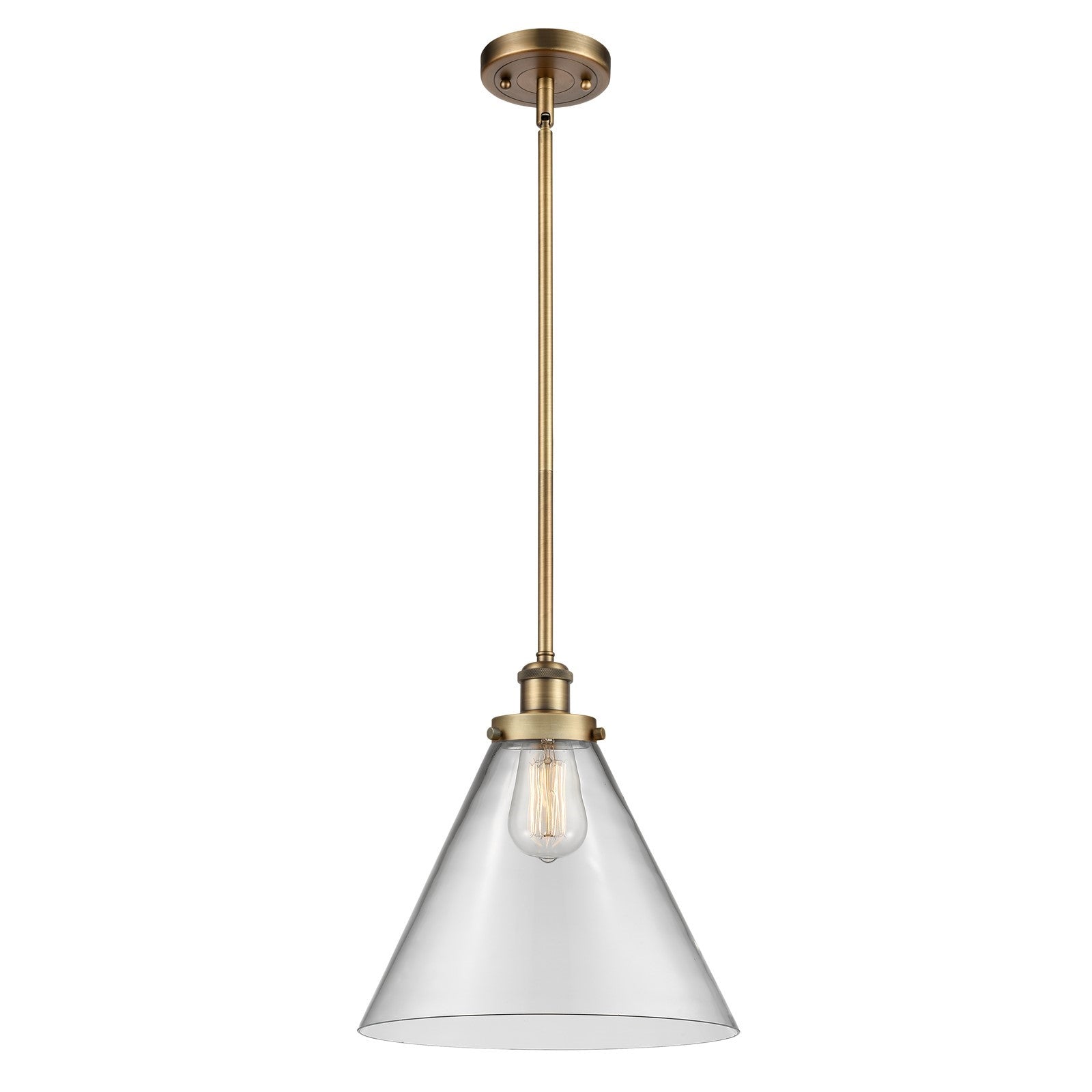 Innovations Cone 12in 1-Light LED Mini Pendant | Industrial Brushed Brass and Clear Glass | Kitchen Island & Dining Room | Model 916-1S-BB-G42-L-LED