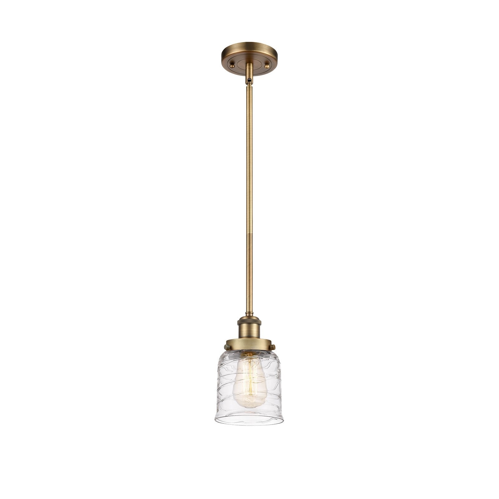 Innovations Bell 5in 1-Light LED Mini Pendant | Industrial Brushed Brass and Clear Deco Swirl Glass | Kitchen Island & Dining | Model 916-1S-BB-G513-LED