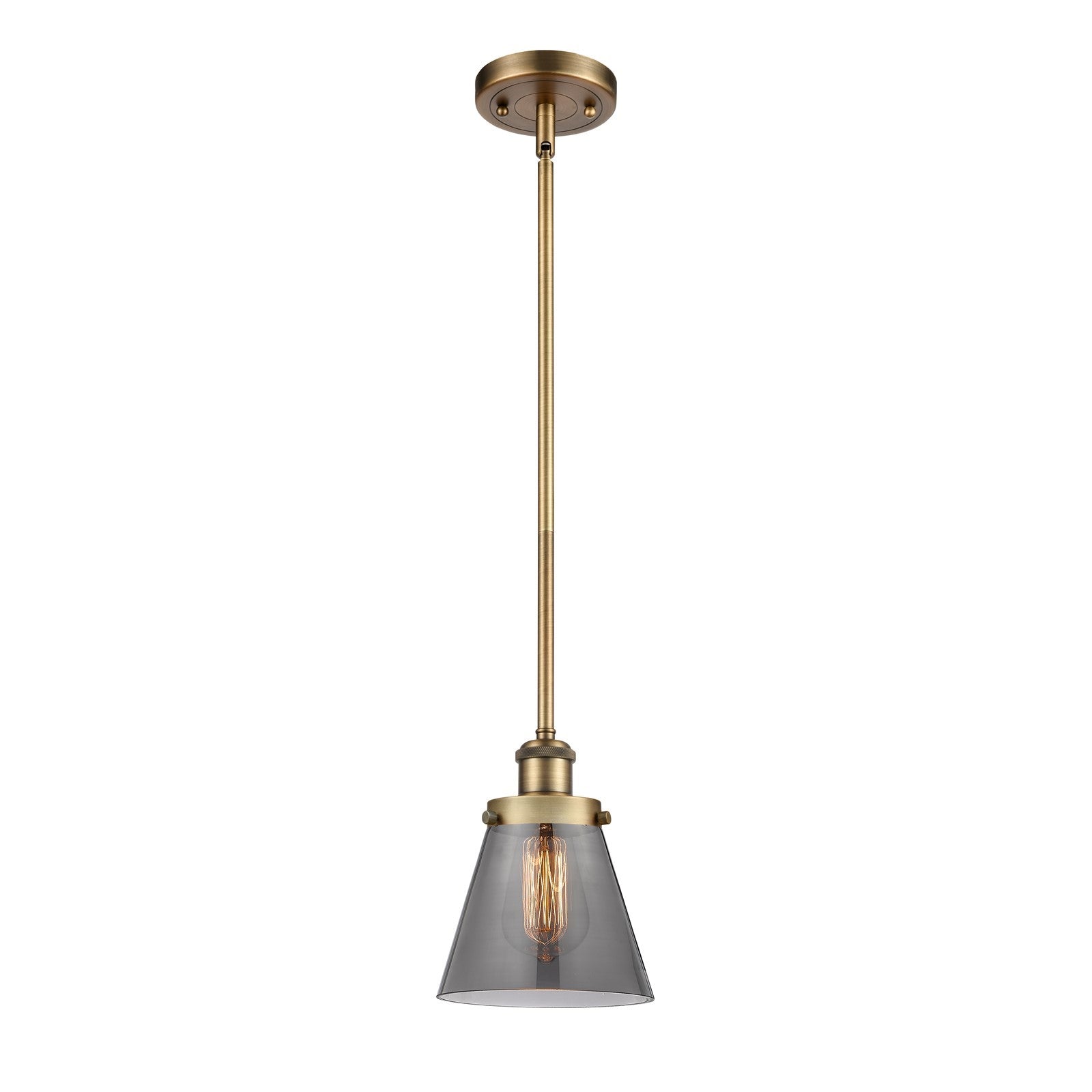 Innovations Cone 6in 1-Light LED Mini Pendant | Industrial Brushed Brass and Light Smoke Glass | Kitchen Island & Dining Room | Model 916-1S-BB-G63-LED