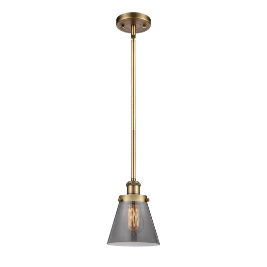 Innovations Cone 6in 1-Light LED Mini Pendant | Industrial Brushed Brass and Light Smoke Glass | Kitchen Island & Dining Room | Model 916-1S-BB-G63-LED