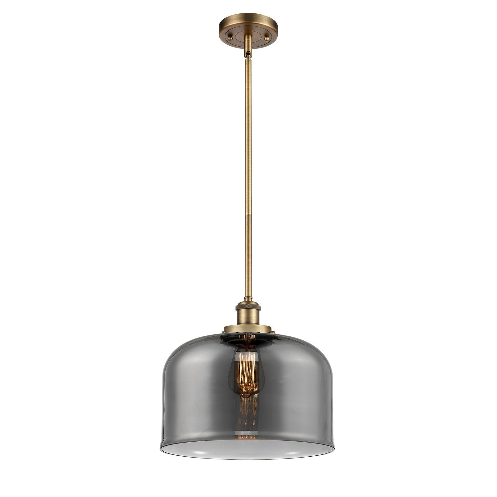 Innovations Bell 12in 1-Light Mini Pendant | Industrial Brushed Brass and Light Smoke Glass | Kitchen Island & Dining Room | Model 916-1S-BB-G73-L-LED