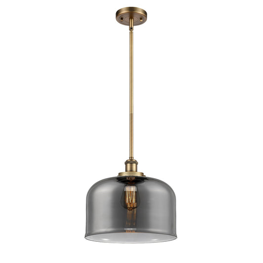 Innovations Bell 12in 1-Light Mini Pendant | Industrial Brushed Brass and Light Smoke Glass | Kitchen Island & Dining Room | Model 916-1S-BB-G73-L-LED