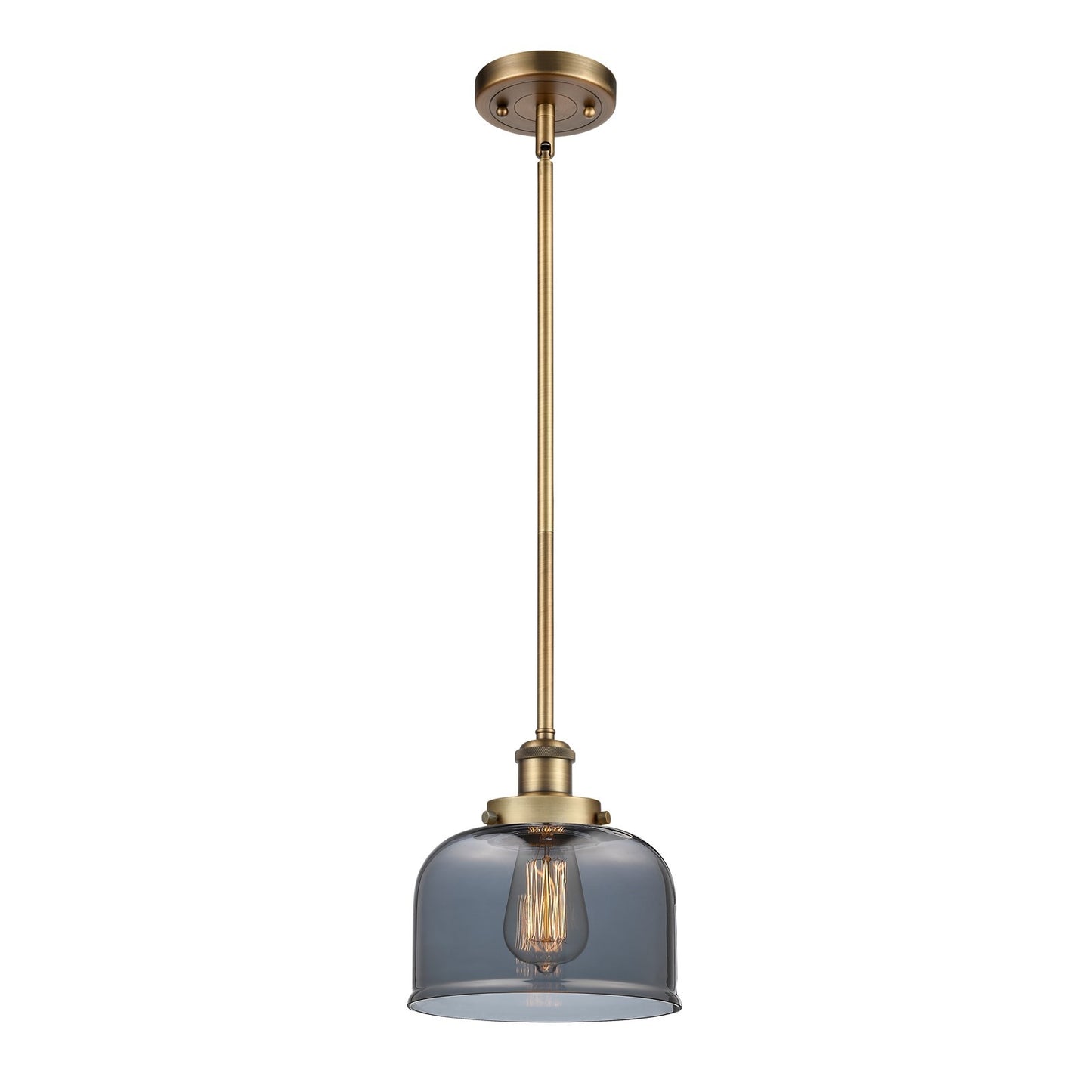 Innovations Bell 8in 1-Light Mini Pendant | Industrial Brushed Brass and Light Smoke Glass | Kitchen Island & Dining Room | Model 916-1S-BB-G73-LED