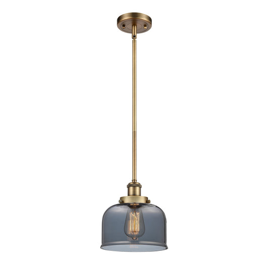 Innovations Bell 8in 1-Light Mini Pendant | Industrial Brushed Brass and Light Smoke Glass | Kitchen Island & Dining Room | Model 916-1S-BB-G73-LED