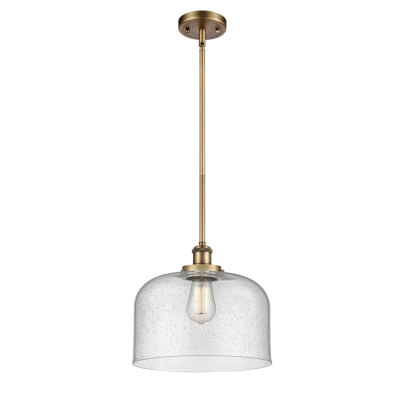 Innovations Bell 12in 1-Light Mini Pendant | Industrial Brushed Brass and Seedy Glass | Kitchen Island & Dining Room | Model 916-1S-BB-G74-L-LED