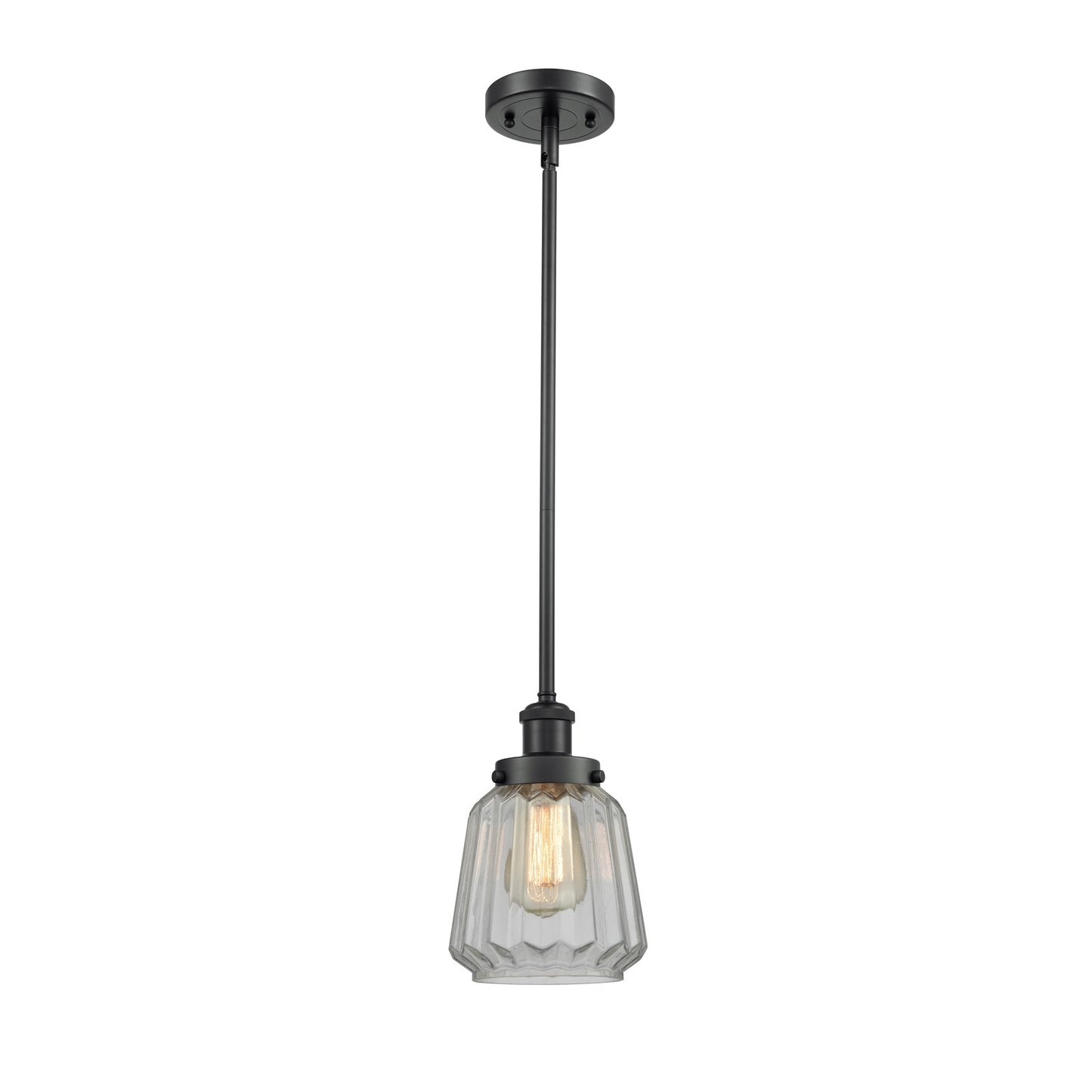 Innovations Chatham 7in 1-Light Mini Pendant | Modern Matte Black Steel and Clear Ribbed Glass Shade | Kitchen Island & Dining Room | Model 916-1S-BK-G142