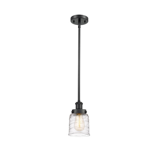 Innovations Bell 5in 1-Light Mini Pendant | Industrial Matte Black Steel and Clear Deco Swirl Glass | Kitchen Island & Dining | Model 916-1S-BK-G513-LED
