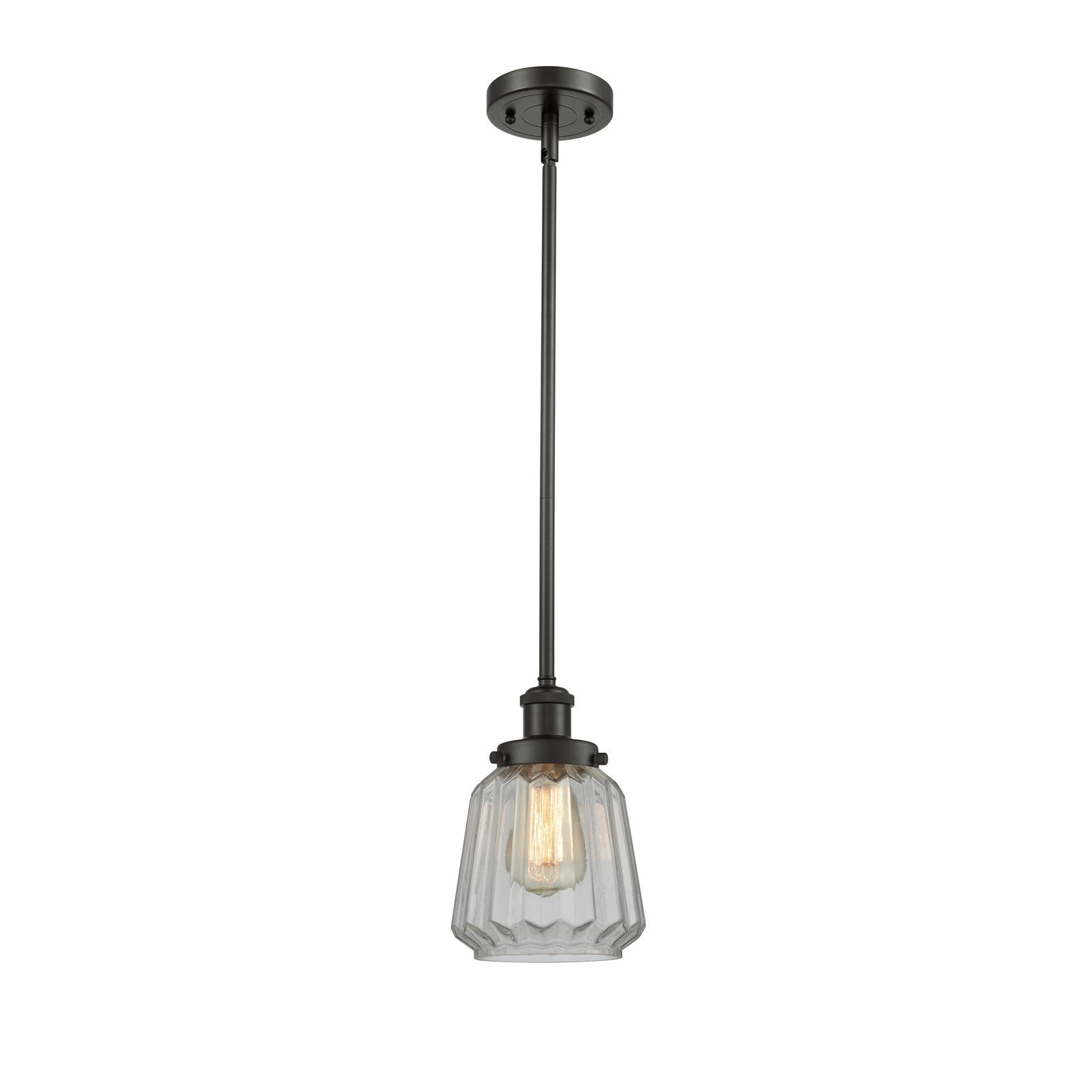 Innovations Chatham 7in 1-Light Mini Pendant | Modern Oil Rubbed Bronze Steel and Clear Ribbed Glass Shade | Kitchen Island & | Model 916-1S-OB-G142