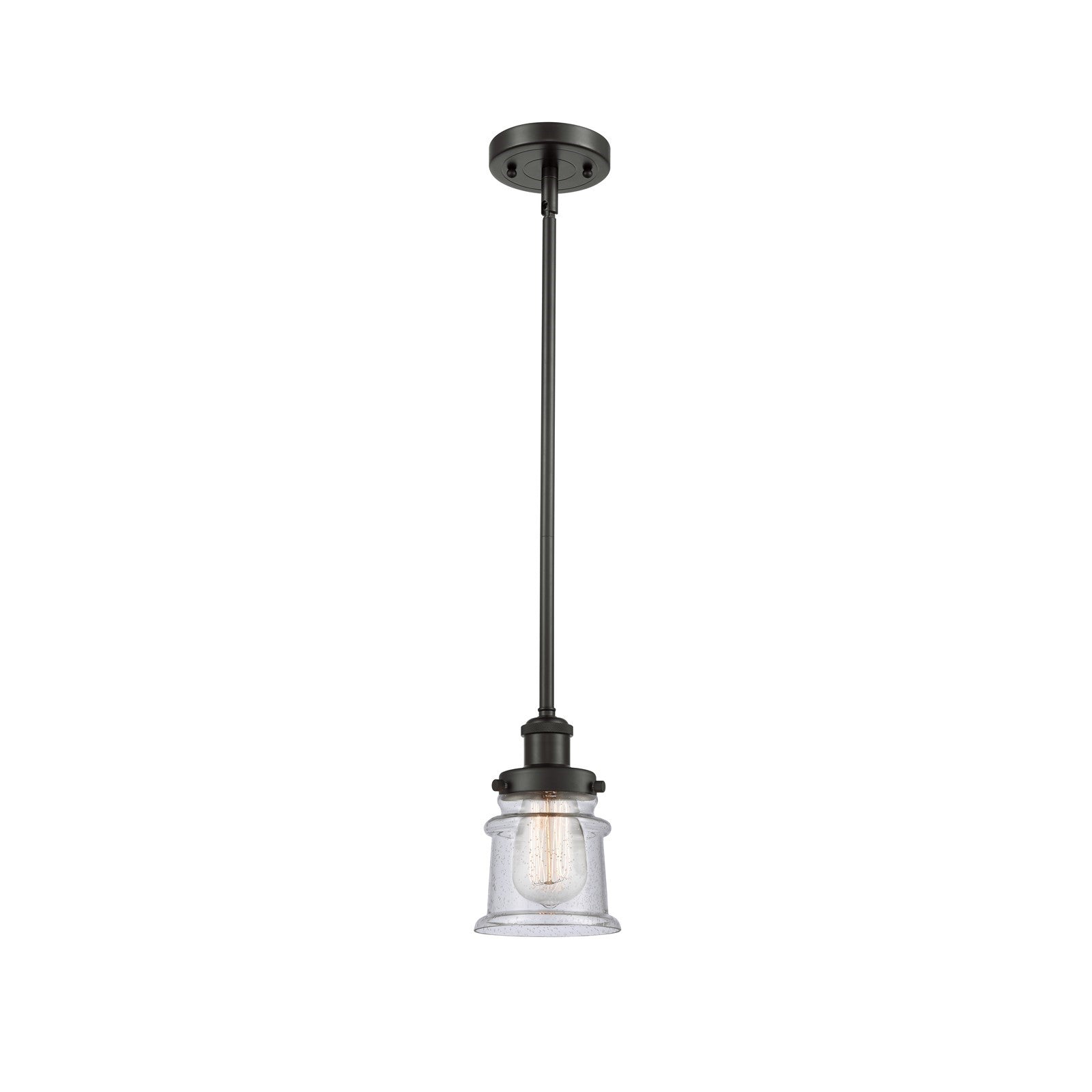 Innovations Canton 5.25in 1-Light Mini Pendant | Oil Rubbed Bronze Steel and Seedy Glass Schoolhouse Shade | Kitchen Island & | Model 916-1S-OB-G184S