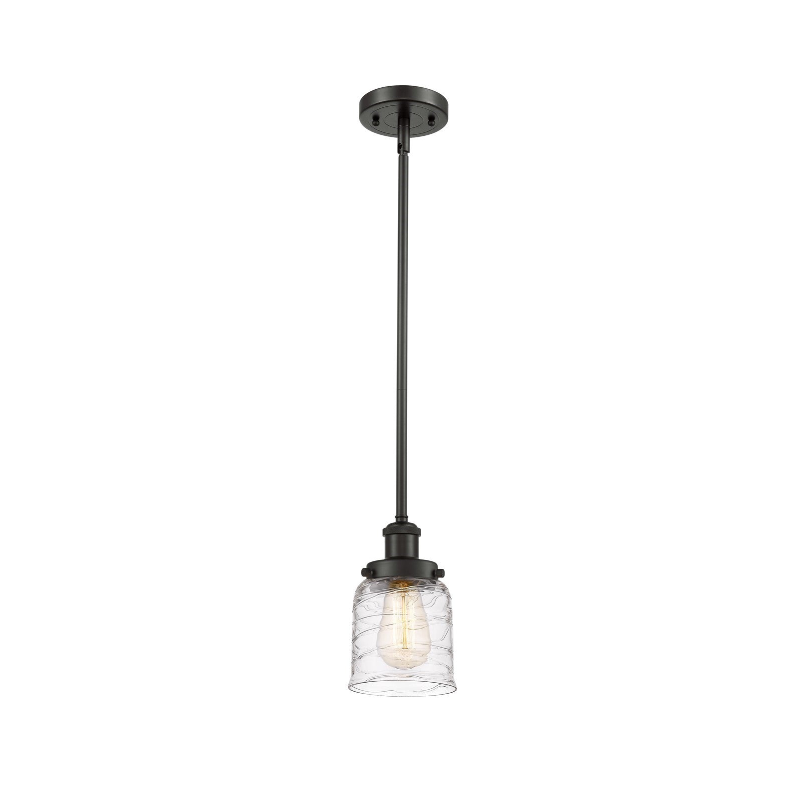 Innovations Bell 5in 1-Light Mini Pendant | Industrial Oil Rubbed Bronze Steel and Clear Deco Swirl Glass | Kitchen Island & | Model 916-1S-OB-G513-LED