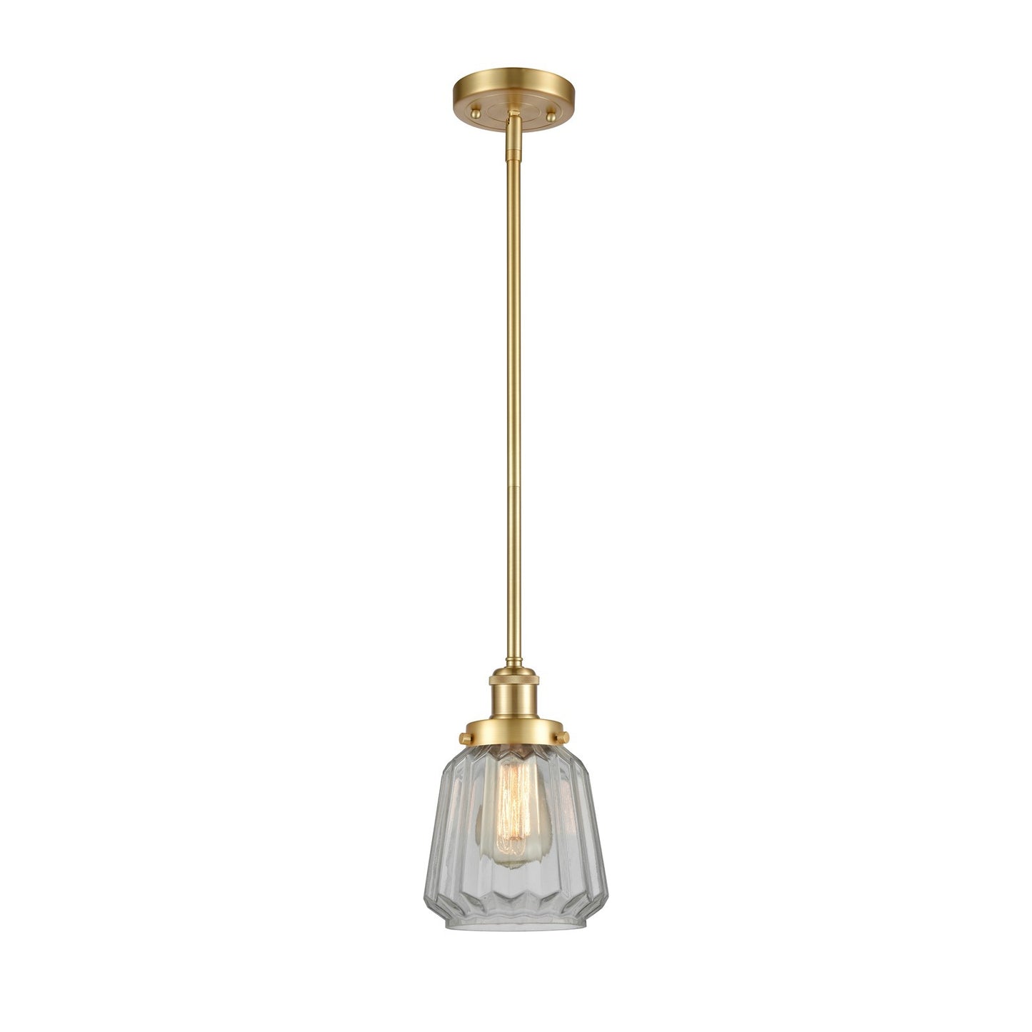 Innovations Chatham 7in 1-Light Mini Pendant | Transitional Satin Gold Steel and Clear Ribbed Glass Shade | Kitchen Island & Dining | Model 916-1S-SG-G142