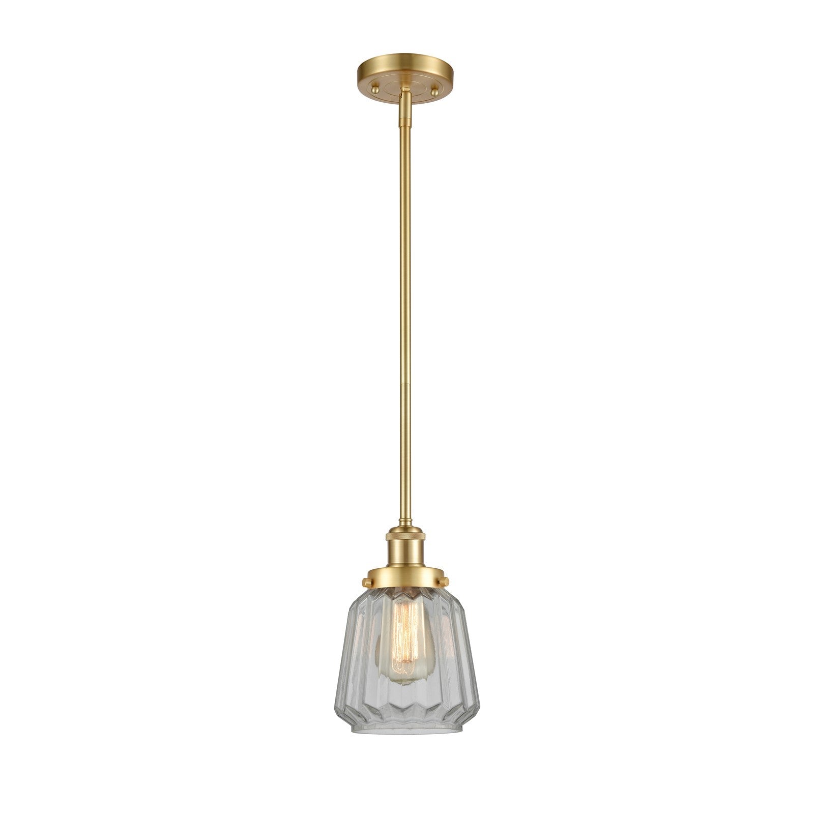Innovations Chatham 7in 1-Light Mini Pendant | Transitional Satin Gold Steel and Clear Ribbed Glass Shade | Kitchen Island & Dining | Model 916-1S-SG-G142