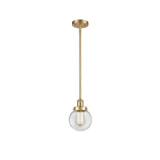 Innovations Beacon 6in 1-Light Mini Pendant | Modern Transitional Satin Gold Steel and Clear Glass | Kitchen Island & Dining Room | Model 916-1S-SG-G202-6