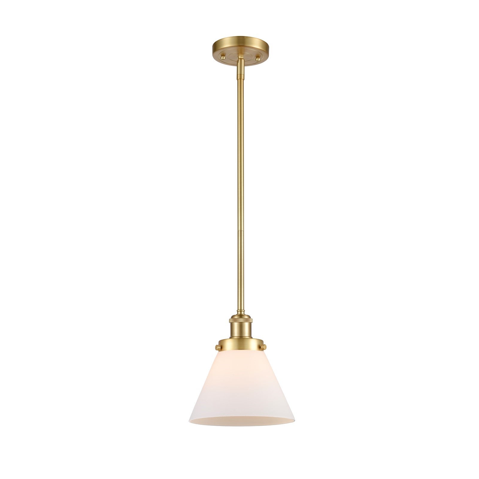 Innovations Cone 8in 1-Light Mini Pendant | Industrial Transitional Satin Gold Steel and Matte White Frosted Glass | Kitchen Island | Model 916-1S-SG-G41