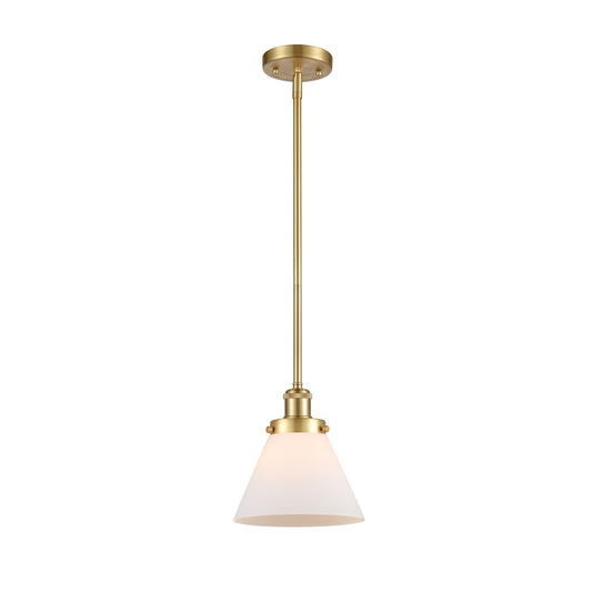 Innovations Cone 8in 1-Light Mini Pendant | Industrial Transitional Satin Gold Steel and Matte White Frosted Glass | Kitchen Island | Model 916-1S-SG-G41